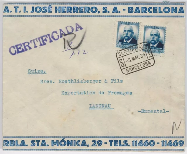 SPAIN  España - POSTAL HISTORY - REGISTERED COVER sobre to SWITZERLAND 1934