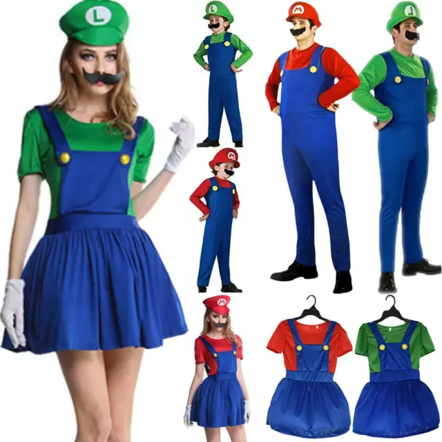 Adult Kids Outfits Set Super Mario Bros Luigi Party Cosplay Costume Fancy Dress/