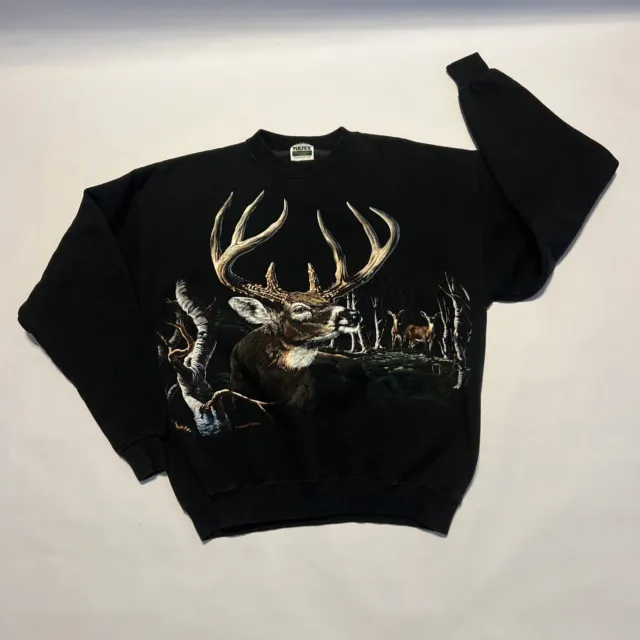 VTG 1997 Habitat Deer Sweatshirt Black Medium Adult Unisex Double Sided Print