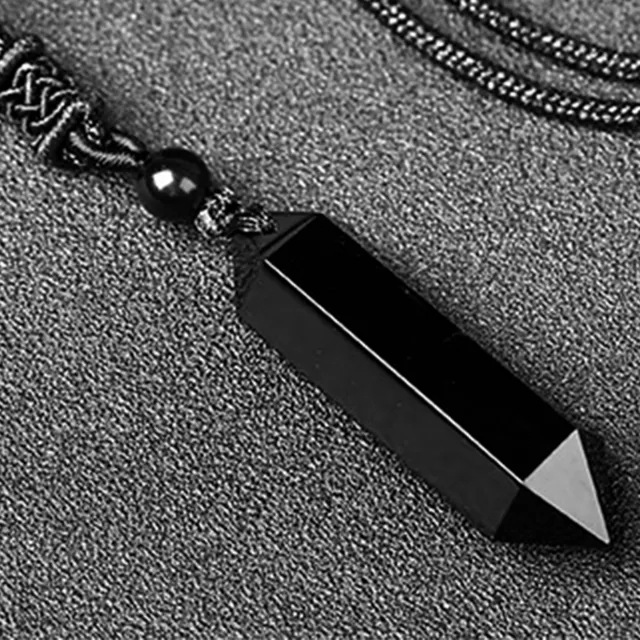 Natural Black Obsidian Hexagonal Point Pendant Healing Amulet Unisex Necklace