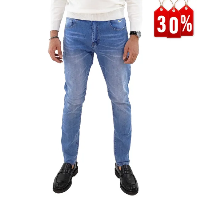 Jeans da Uomo Slim Fit Pantaloni di Jeans Chiari Elasticizzati Vita Media RDV