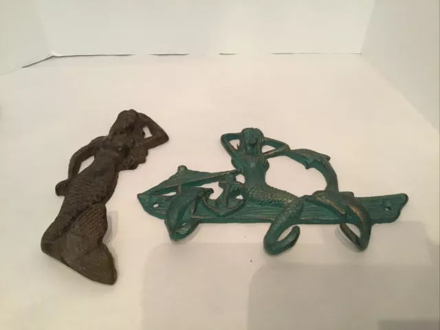 2 Antique Cast Iron Wall Hooks Mermaid Rustic Hat Hanging Handmade