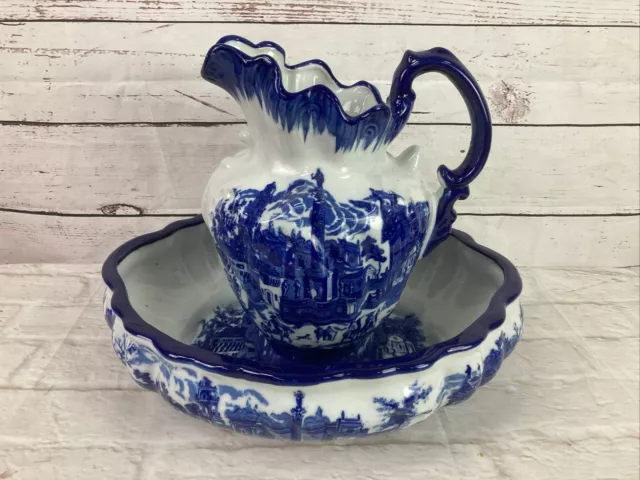 Victoria Ware Ironstone Flo Blue Pitcher And Wash Bowl Set Antique