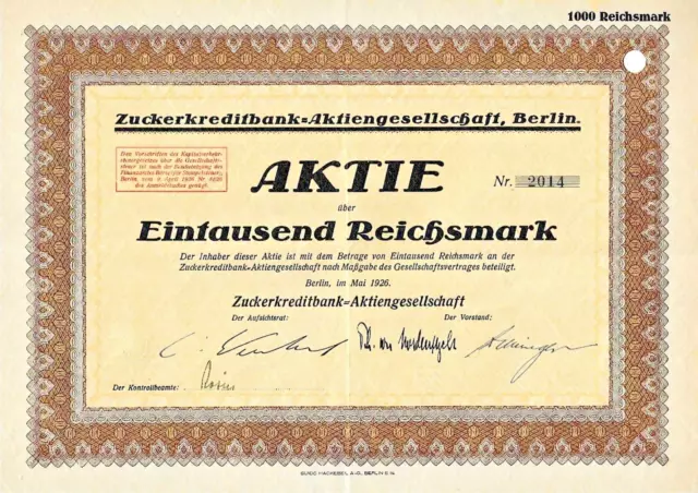 Zuckerkreditbank-AG, Berlin  Aktie  1000 RM  1926, nur 110 Stück im BARoV