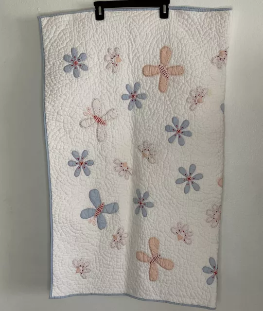 Pottery Barn Kids Baby Quilt Crib Blanket Butterfly  Appliqué Pink & Blue