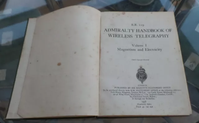 VINTAGE ADMIRALTY VOL 1 HANDBOOK OF WIRELESS TELEGRAPHY 1938 for ham practical 3