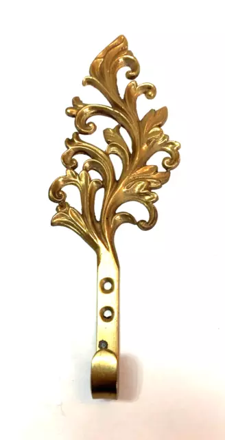 Vintage Brass Wall Hook Ornate Leaf Scroll Filigree Coat Towel Hat Hook Liards