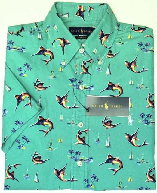 Polo Ralph Lauren Short Sleeve Green Marlin Fish Shirt Classic Cotton Oxford $98