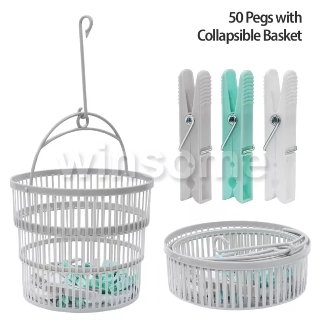 Collapsible Peg Baskets with Plastic 50 Pegs Clothes Washing Line Airer Laundry