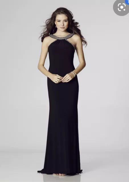 Tiffanys size 6 Paula Navy evening dress prom High Neck Low Back Straight BNWT