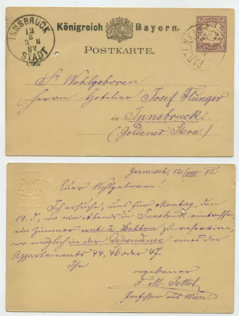 68352 - Ganzsache P 18 - Postkarte - Partenkirchen 12.8.1882 nach Innsbruck