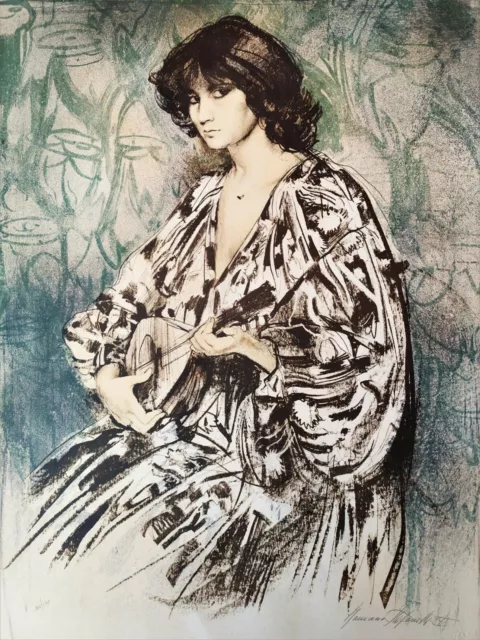 Lithographie couleur signée et limitée Portrait d'une Femme avec Guitare