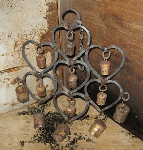 Wrought Iron HEART Cow Bells WIND CHIME*Primitive/French Country Farmhouse Decor