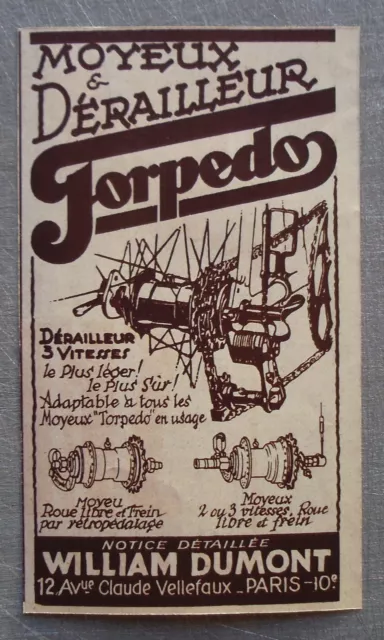 Publicité TORPEDO Moyeux derailleur velo 1935  french advert