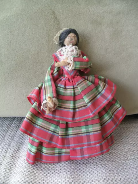 Antique Vintage Dolly Peg Folk Art Doll Dressed In Layered Tartan Dress