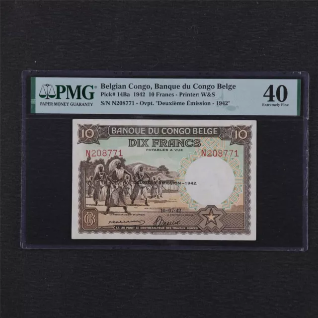 1942 Belgian Congo Banque du Congo Belge 10 Francs Pick#14Ba PMG 40 Extremely