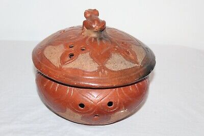 Tribal Pottery Lidded Pottery Bowl Vessel Frog Top Earthenware Colors Southwest 2