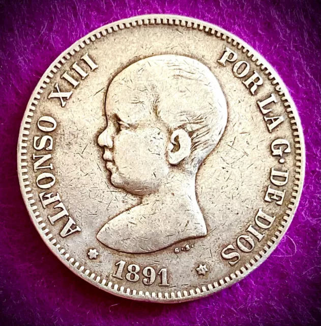 Plata - Moneda: 5 Pesetas 1891 - Historia De España: Alfonso Xiii - Silver Coin