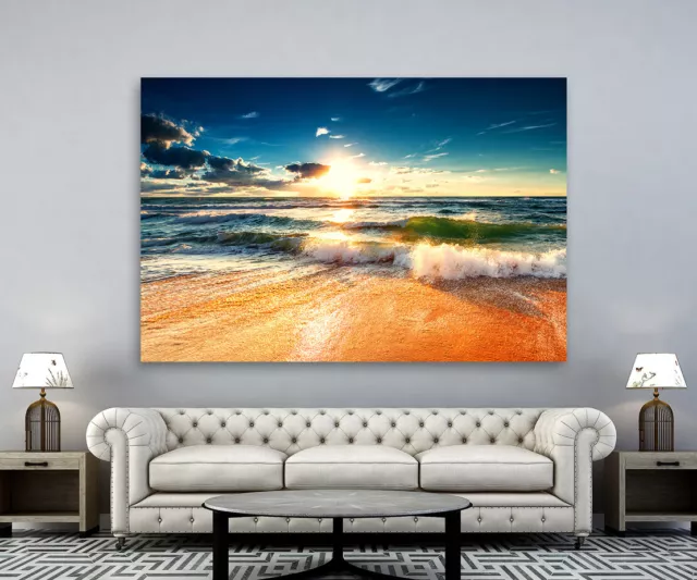 Leinwand Bild Meer Strand Sonnenuntergang Beach Wandbilder Kunstdruck Wellen