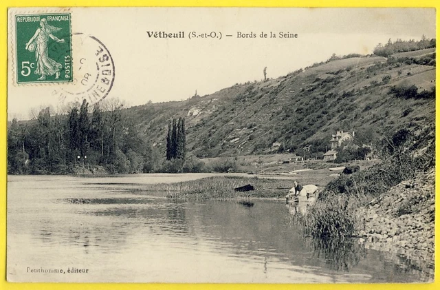 cpa Written in 1908 VETHEUIL Bords de la SEINE Washer Laundry Ed. Petithomme