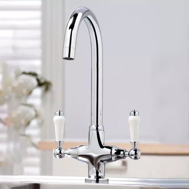 Twin Lever Traditional Brass Kitchen Sink Mixer Mono Tap Solid Brass Chrome