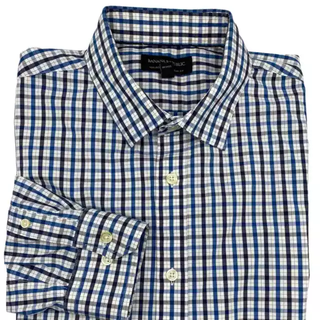 Banana Republic Mens Shirt 16 16.5 34-35 Tailored Slim Fit Button Up Blue Check