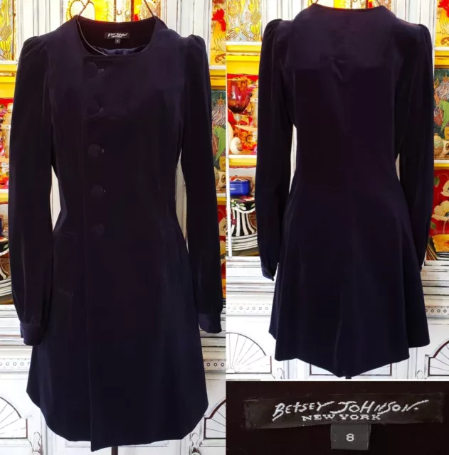 Vintage Betsey Johnson New York 90s Y2K Navy Blue Velvet Dress Coat Jacket Sz 8