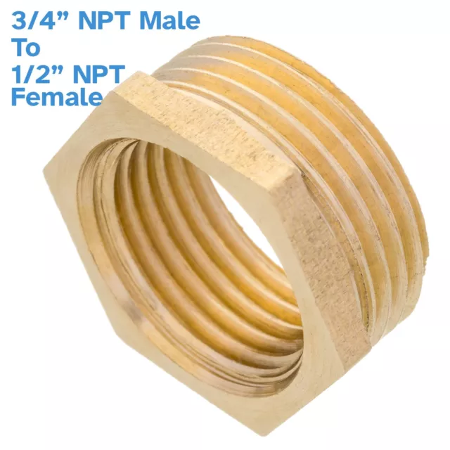 Brass 3/4" NPT Male To 1/2" NPT Female Pipe Reducer Low Profile Threaded Adapter