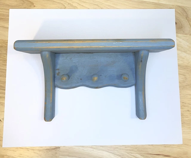 Vintage Country Farmhouse Shabby Chic Solid Wood Wall Shelf With 3 Pegs Blue 
