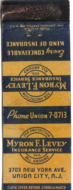 New York Matchbook Cover Union City Myron Levey Insurance Service Diamond Match