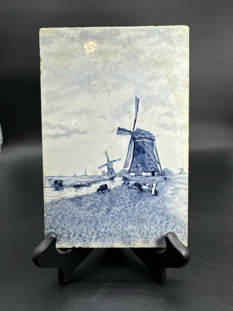 Antique Dutch Delft Tableau Tiles Blue Windmill Cattle Holland  Cottagecore Gift
