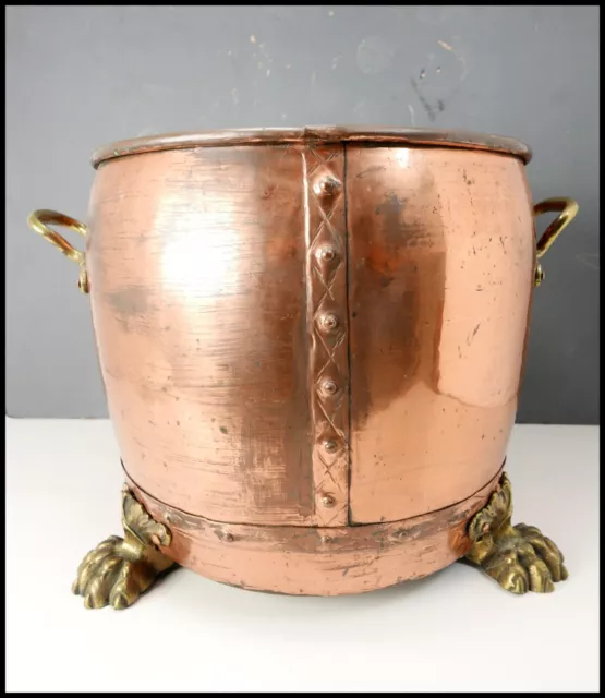 Antique Copper Planter Log Coal Bin Large Riveted Lions Paw Feet Handles