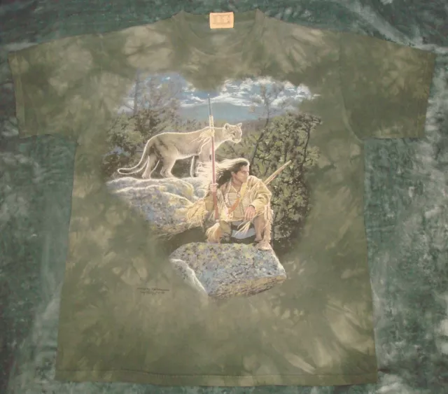 Vtg 1996 The Mountain Lion Hunter Native T Shirt Large Tie Dye Green Nature Man