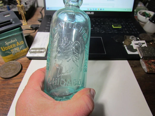 Liberty Bottling Works Embossed Liberty Chicago Hutchinson soda bottle Hutch