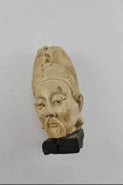 Chinese Emperor Figurine Sculpture Vintage Handcarved Statue on Wooden Stand Art