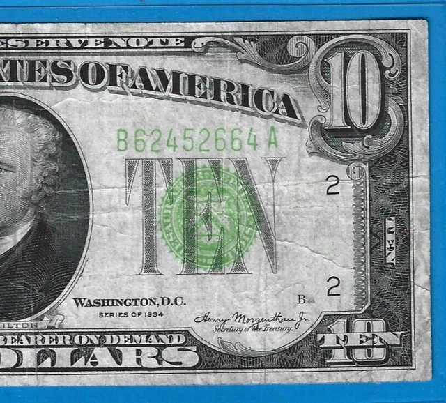 1934 $10 FRN B-New York,Lime (Light) Green Seal,Circ Fine,Nice!