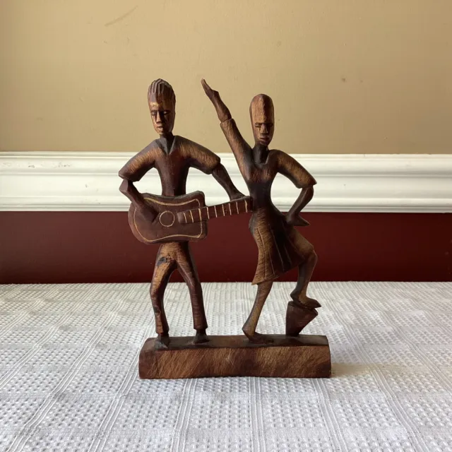 VTG Wooden Carved Figurine Of Musician & Dancer, 8 1/4” T., Signed