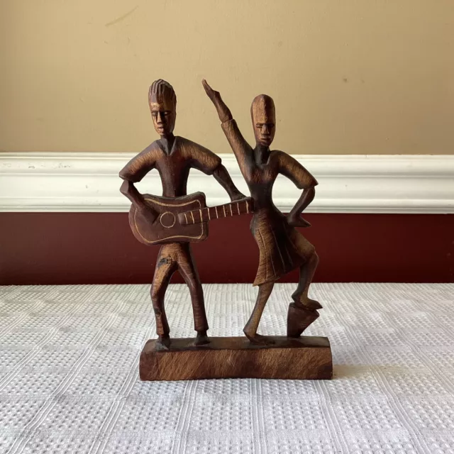 VTG Wooden Carved Figurine Of Musician & Dancer, 8 1/4” T., Signed