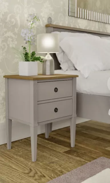 BNWT Laura Ashley Eleanor 2 Drawer Bedside Table, Pale French Grey with Oak Top 2