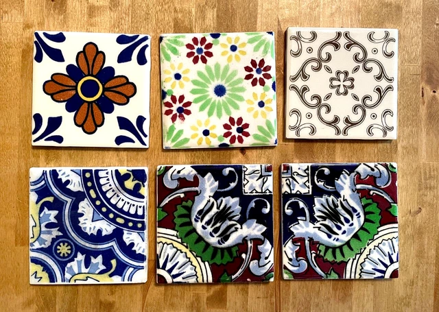 LOT OF 6 - Vintage 4-1/2” Mexico Decorative Tiles - GREAT BRIGHT COLORS