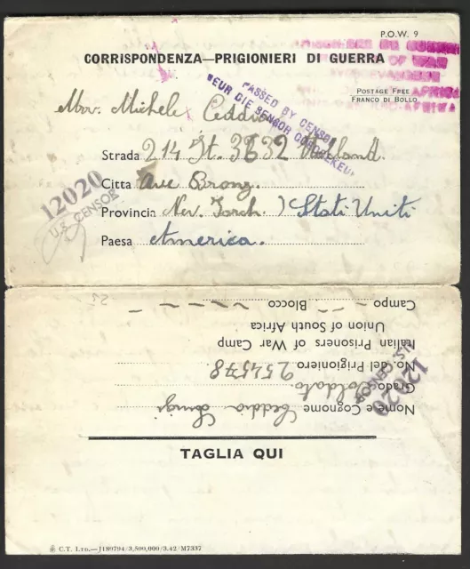 South Africa To Us 1944 Italy Prisoner Of War Camp Folded Letter Pow Luigi