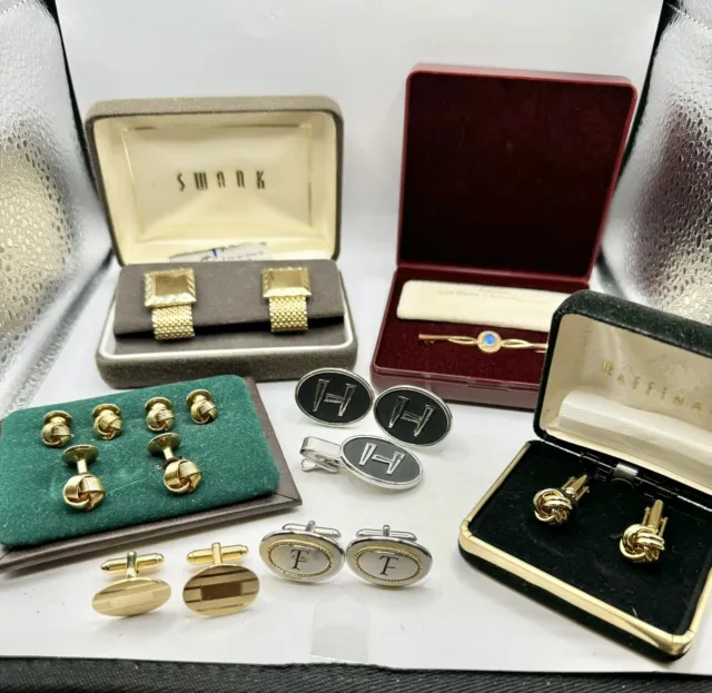 VINTAGE SETS CUFFLINKS Buttons Tie Bar Clip Still In Boxes. Lot Of 7 Pairs/Sets