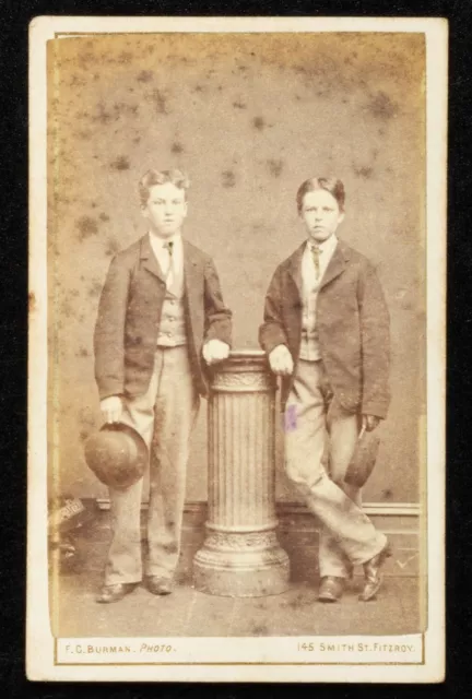 CDV photo confident boys IDed F. C. Burman, 145 Smith St, Fitzroy, Melb AU 1870s