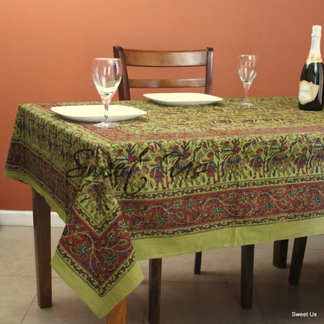 Cotton Block Print Floral Camel Tablecloth Rectangle Olive Green Dining Linen