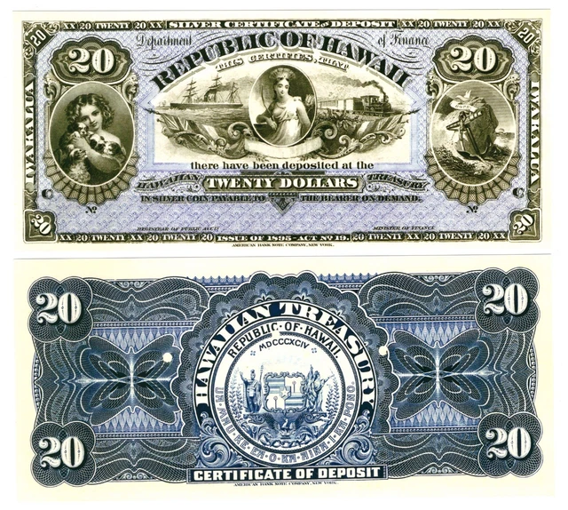 r Paper Reproduction -  Hawaii 20 Dollars 1895 Pick #13  1843R