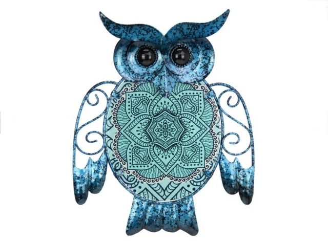 25cm Blue Glass Owl Mandala Metal Wall Art Home Garden Decor Hanging Plaque New