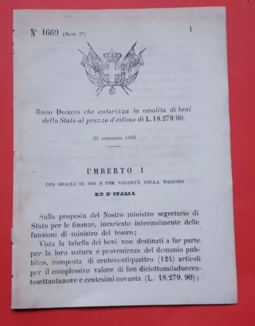 Decreto Regno Italia Autorizza vendita di beni dello Stato di L. 18.279.90 1883