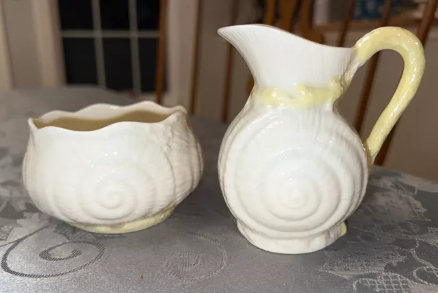 BELLEEK Parian China 6th Mark Ireland Yellow TOY SHELL Set Creamer Sugar Bowl