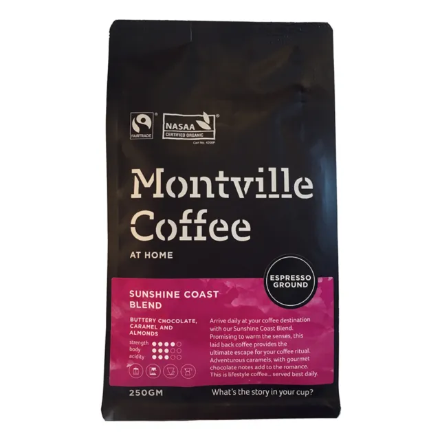 ^ Montville Coffee Organic Sunshine Coast Blend Espresso Ground 250g