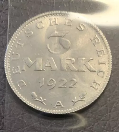 1. WELTKRIEG/INFLATION: 1922  3 Mark  Mz: A,  OHNE UMSCHRIFT schön, Alu Jäg 302
